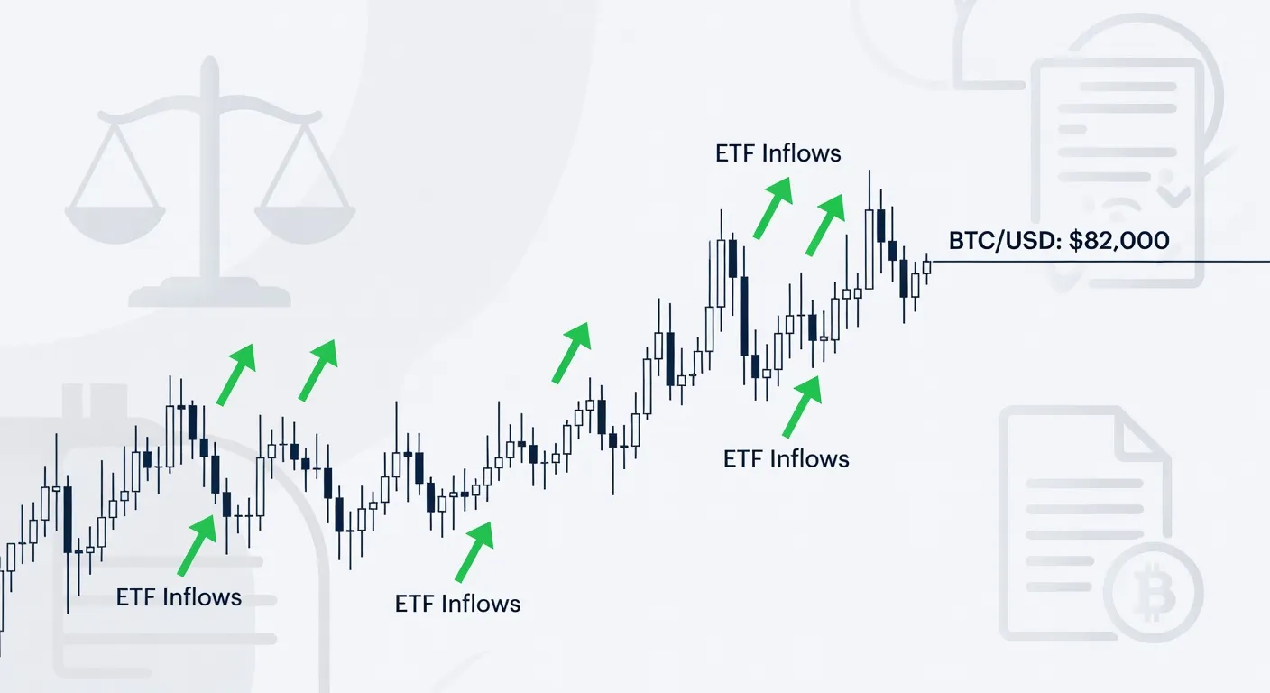 Wykres ceny Bitcoina utrzymujący się blisko 82 000 USD z zaznaczonymi napływami do ETF oraz symbolami regulacyjnymi w tle