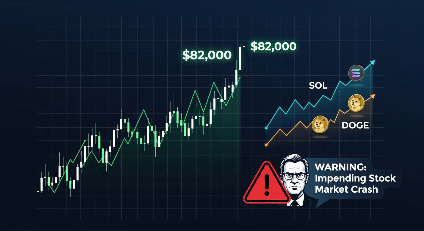 Wykres ceny Bitcoina z poziomem 82 000 USD, rosnącymi tokenami Solana i Dogecoin oraz symbolem ostrzeżenia