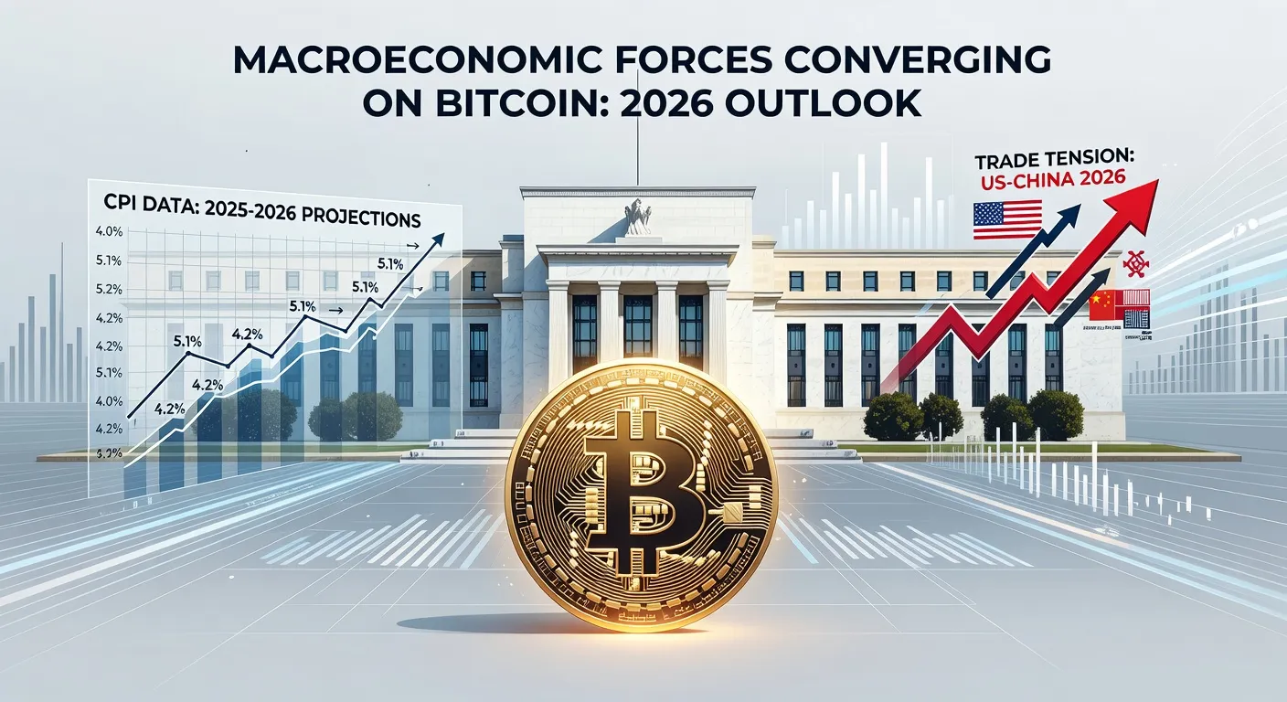 Ilustracja przedstawiająca symbol Bitcoina na tle wykresów CPI, budynku Rezerwy Federalnej i flag USA oraz Chin