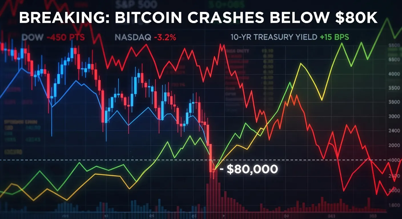 Wykres ceny Bitcoina z zaznaczonym krótkim spadkiem poniżej 80 000 USD oraz towarzyszącymi spadkami indeksów giełdowych i wzrostem rentowności obligacji