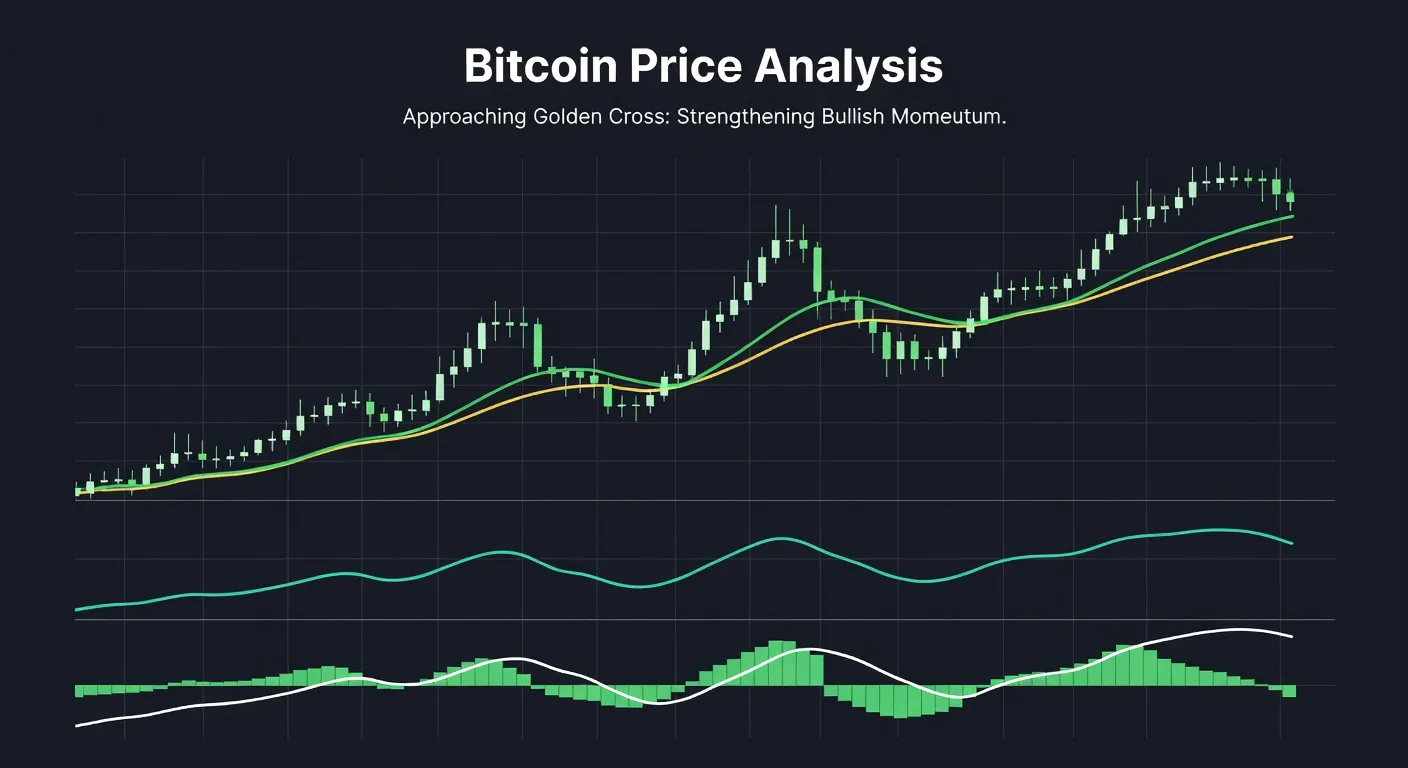Ilustracja wykresu ceny Bitcoina zbliżającego się do formacji złotego krzyża ze wzmacniającą się strukturą rynku i byczym momentum