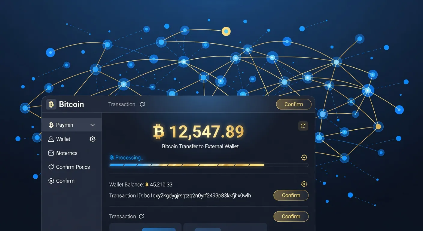 Nowoczesny interfejs portfela kryptowalutowego pokazujący transfer tysiąca bitcoinów z abstrakcyjnymi węzłami sieci płatniczej w tle