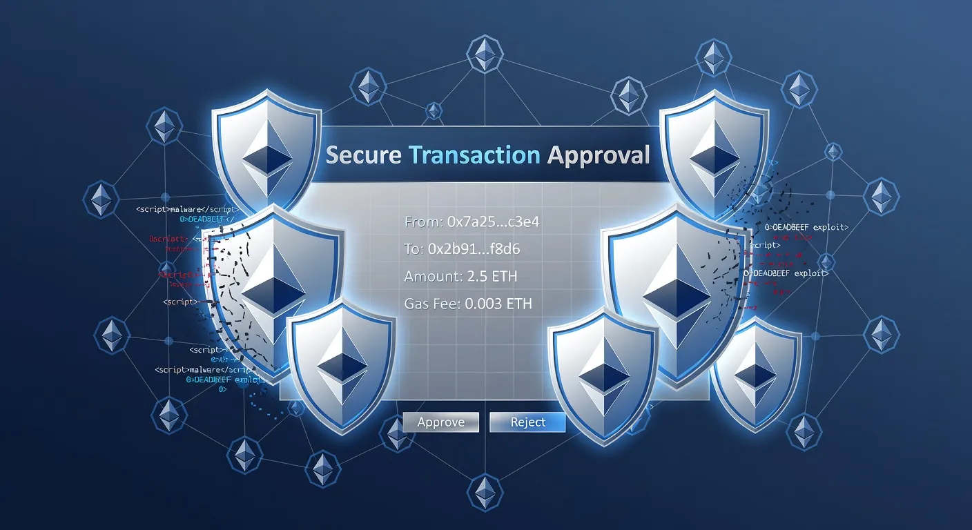 Ilustracja interfejsu Ethereum z tarczą ochronną przy zatwierdzaniu transakcji w stylu finansowym