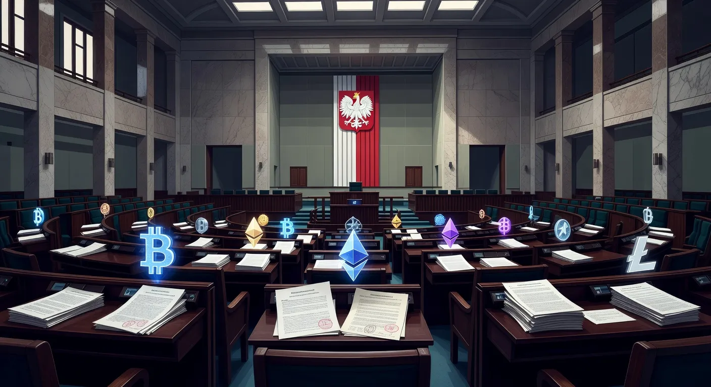 Ilustracja przedstawiająca gmach polskiego parlamentu z symbolami kryptowalut i dokumentami prawnymi na biurkach
