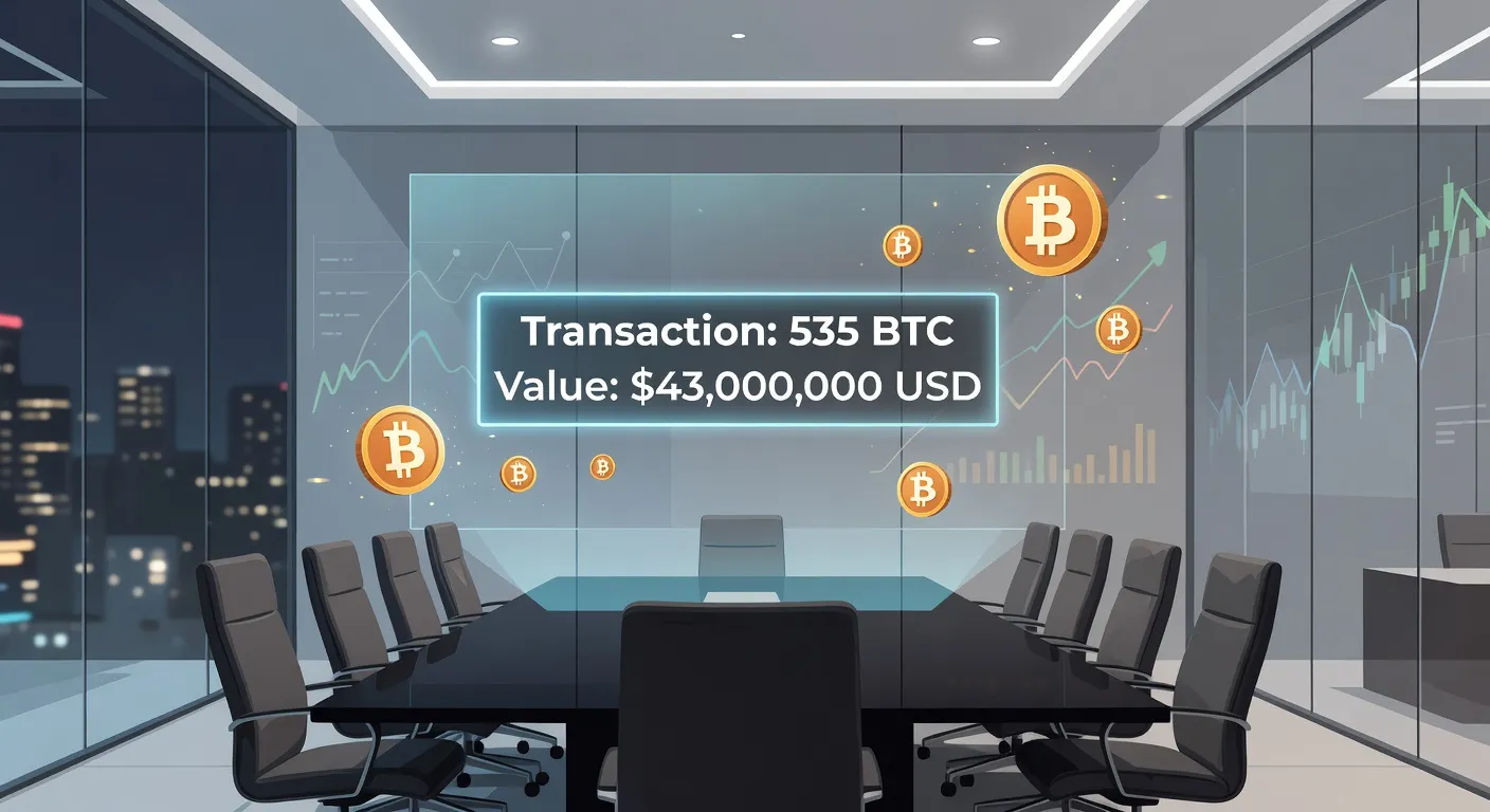 Ilustracja finansowa przedstawiająca salę zarządu z cyfrowymi symbolami Bitcoina i transakcją 535 BTC