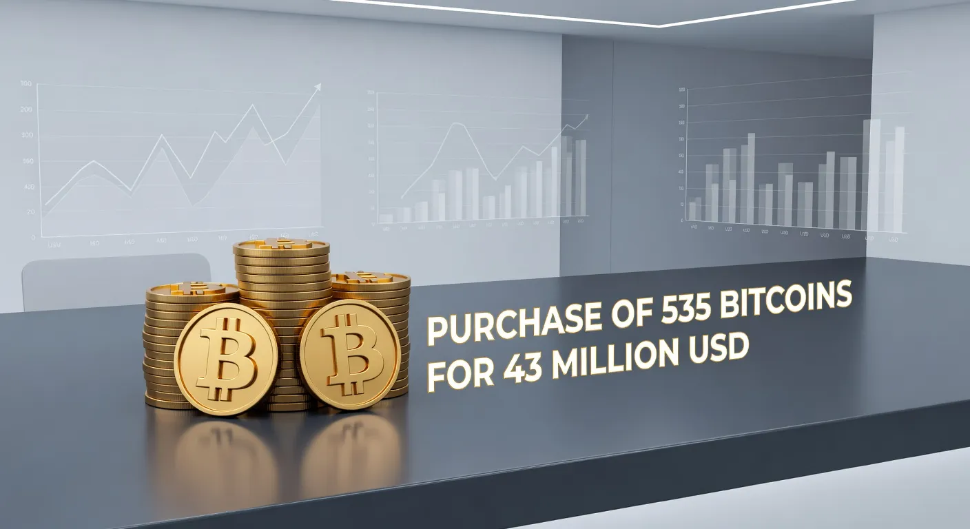 Ilustracja transakcji korporacyjnej z zakupem 535 bitcoinów za 43 miliony USD, ze stosami złotych symboli Bitcoina i wykresami finansowymi w tle