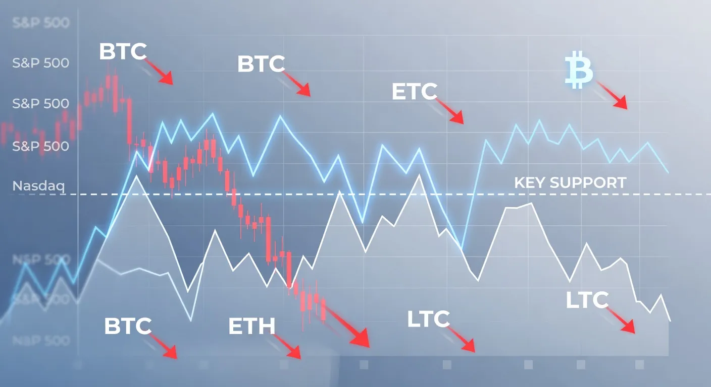 Wykres ceny Bitcoina utrzymujący się powyżej poziomu wsparcia z symbolami spadkowych trendów na rynkach akcji i kryptowalut