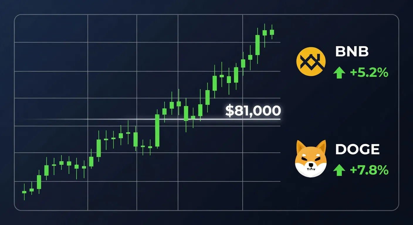 Wykres ceny Bitcoina z zielonymi świecami przekraczającymi poziom 81 000 USD obok ikon BNB i DOGE