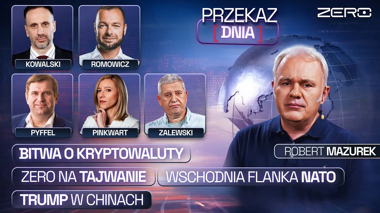Ilustracja przedstawiająca gmach Sejmu, mapę geopolityczną i wykresy kryptowalut w stylu newsowym