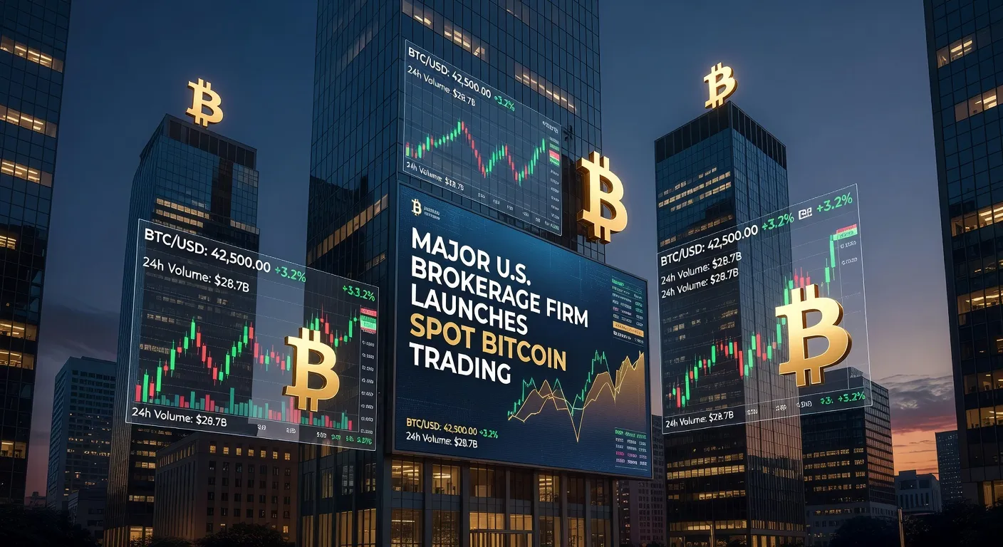 Ilustracja przedstawiająca uruchomienie handlu spot Bitcoinem przez Charles Schwab na tle wieżowców Wall Street z wykresami finansowymi