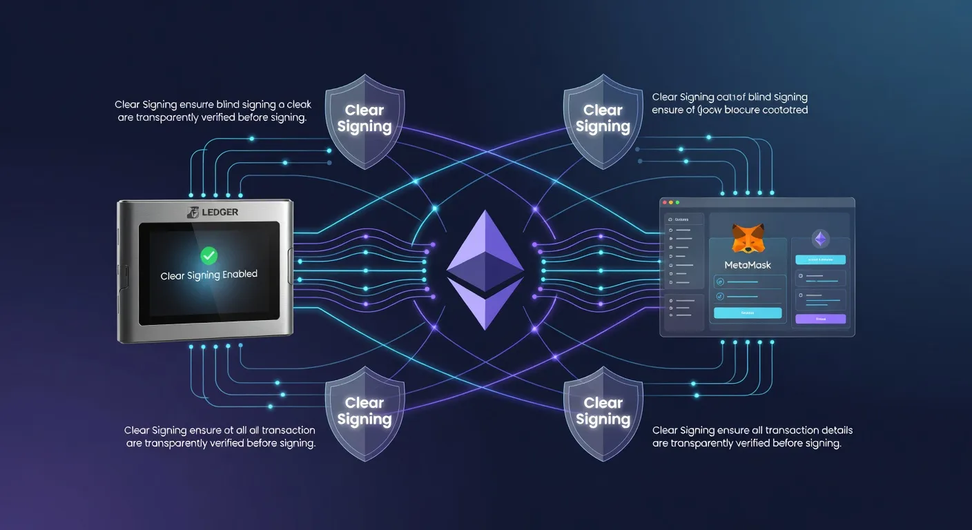 Ilustracja przedstawiająca ulepszenie bezpieczeństwa blockchain Ethereum z portfelami Ledger i MetaMask wdrażającymi Clear Signing