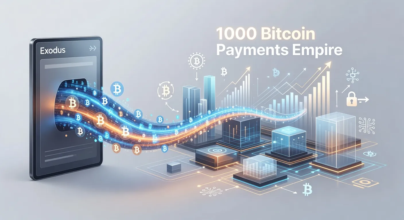 Ilustracja przedstawiająca portfel Exodus przenoszący tysiąc bitcoinów do rozwijającego się systemu płatności z symbolami transakcji i fintech