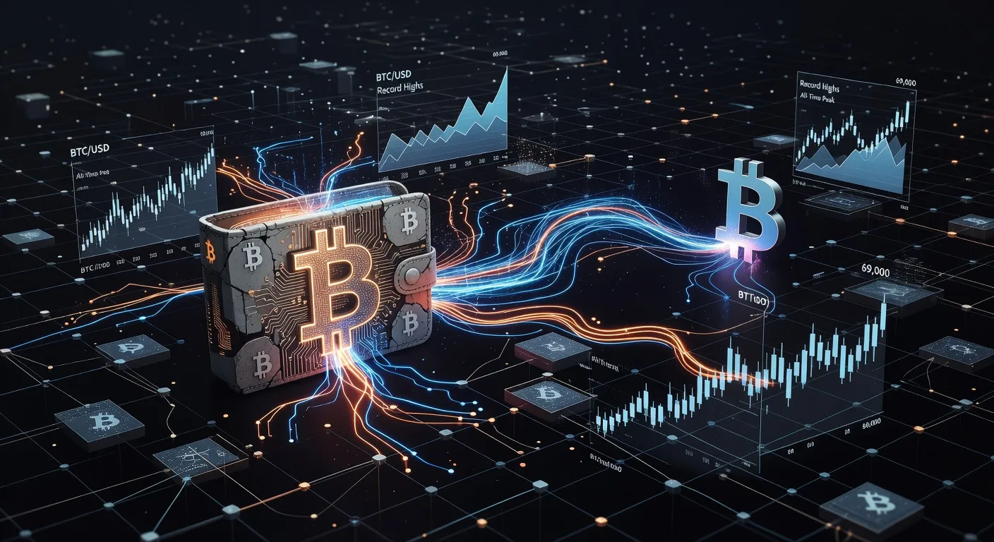 Ilustracja starego portfela Bitcoin budzącego się z liniami transakcji na tle sieci blockchain i wykresów cenowych