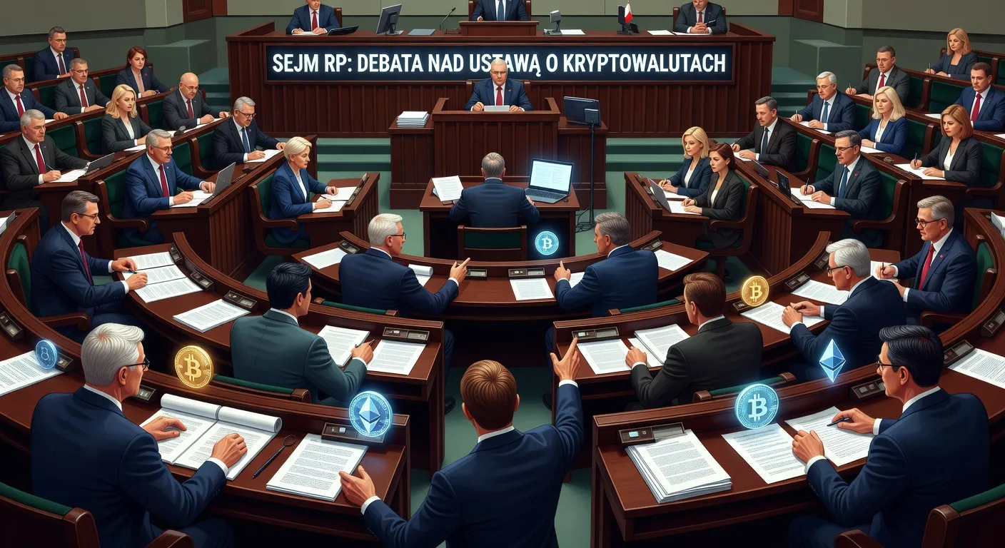 Ilustracja sesji Sejmu z posłami debatującymi nad projektami ustaw kryptowalutowych i dokumentami na ławach