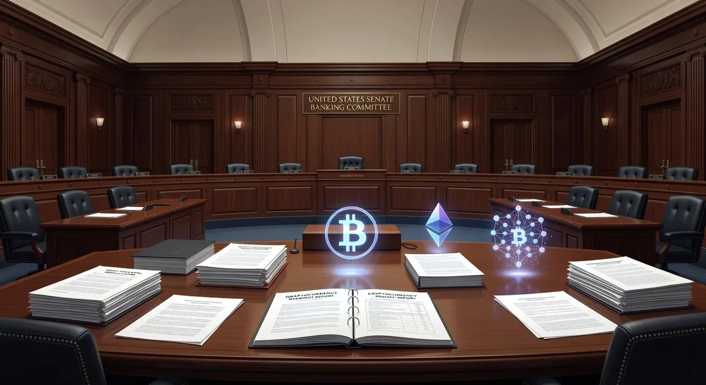 Ilustracja sali komisji bankowej Senatu USA z dokumentami regulacyjnymi i symbolami kryptowalut na stole