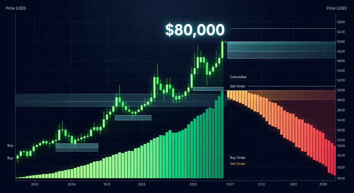 Ilustracja wykresu ceny Bitcoina zmierzającego ku poziomowi 80 000 USD z widocznymi wskaźnikami płynności i głębokości księgi zleceń