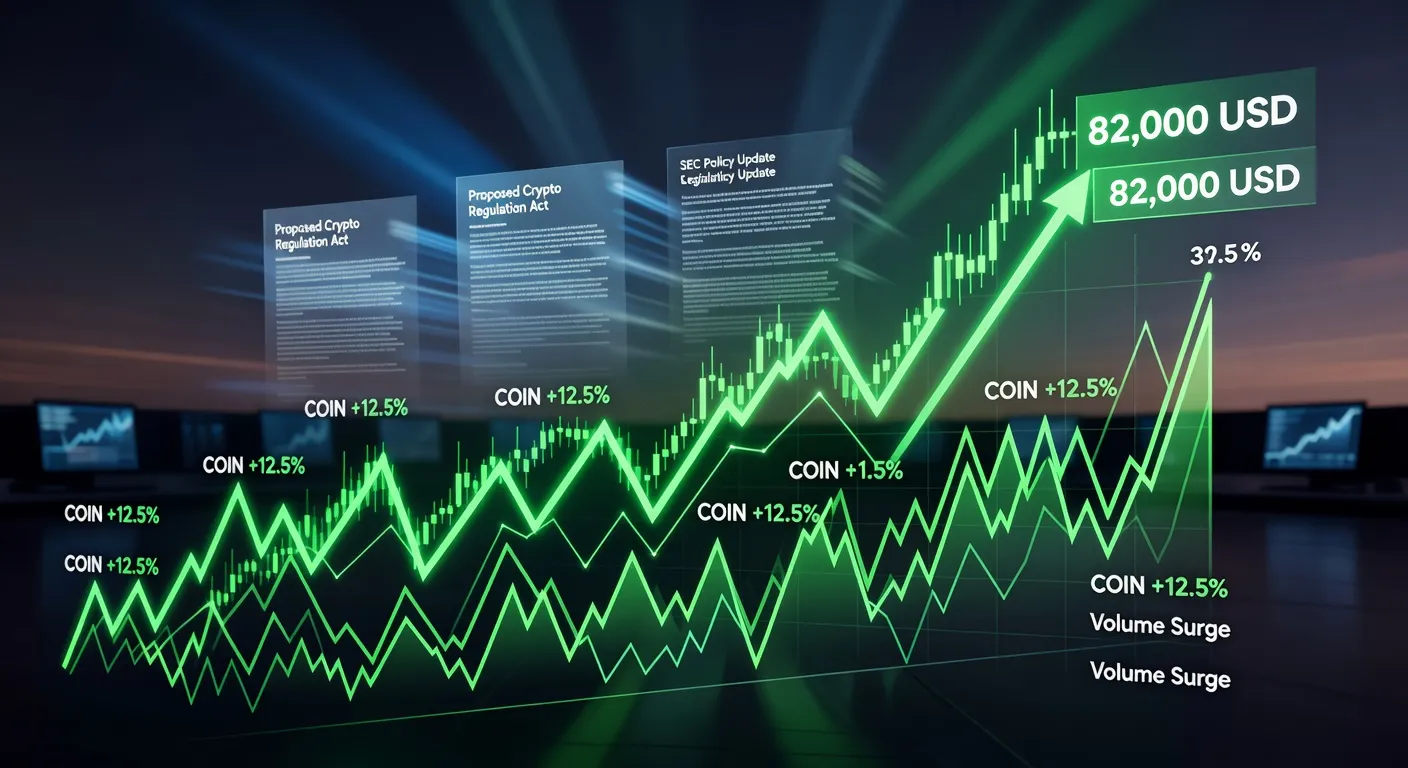 Wykres ceny Bitcoina przekraczającego 82 000 USD z rosnącymi notowaniami akcji Coinbase w tle