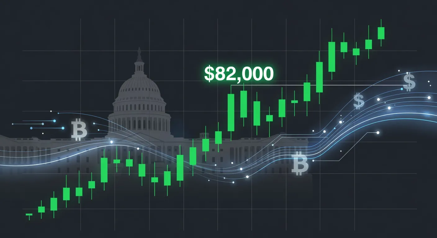 Wykres ceny Bitcoina przekraczającego 82 000 USD z sylwetką budynku Senatu USA w tle i grafiką przepływów kredytowych