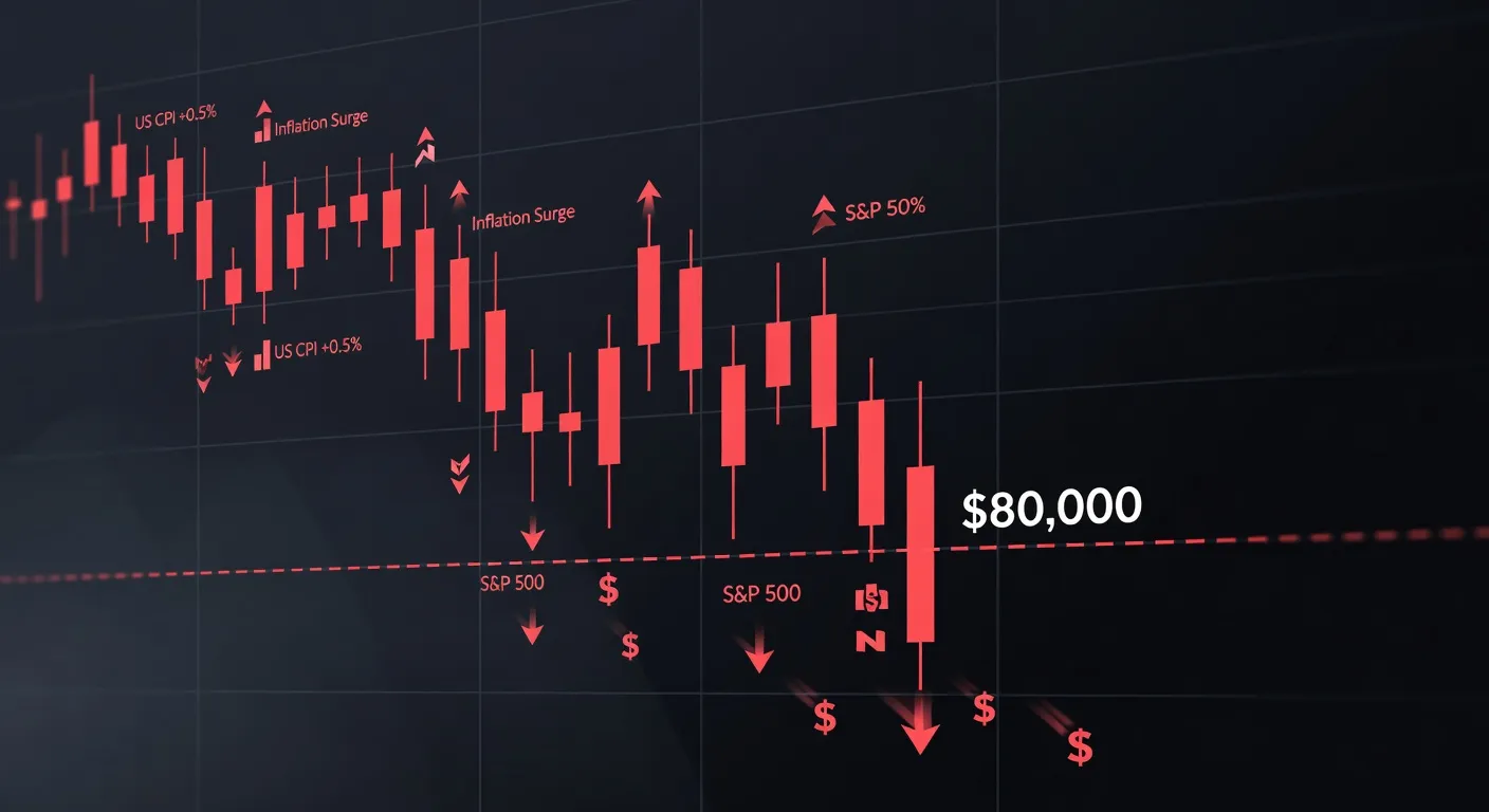 Wykres ceny Bitcoina z czerwonymi świecami pokazujący spadek poniżej 80 000 USD