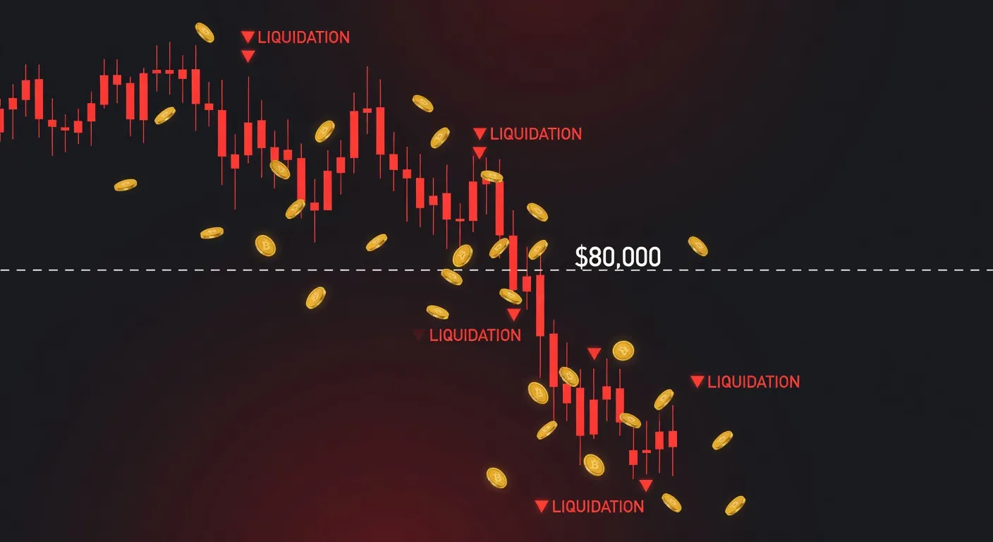 Wykres ceny Bitcoina z czerwonymi świecami spadkowymi poniżej poziomu 80 000 USD