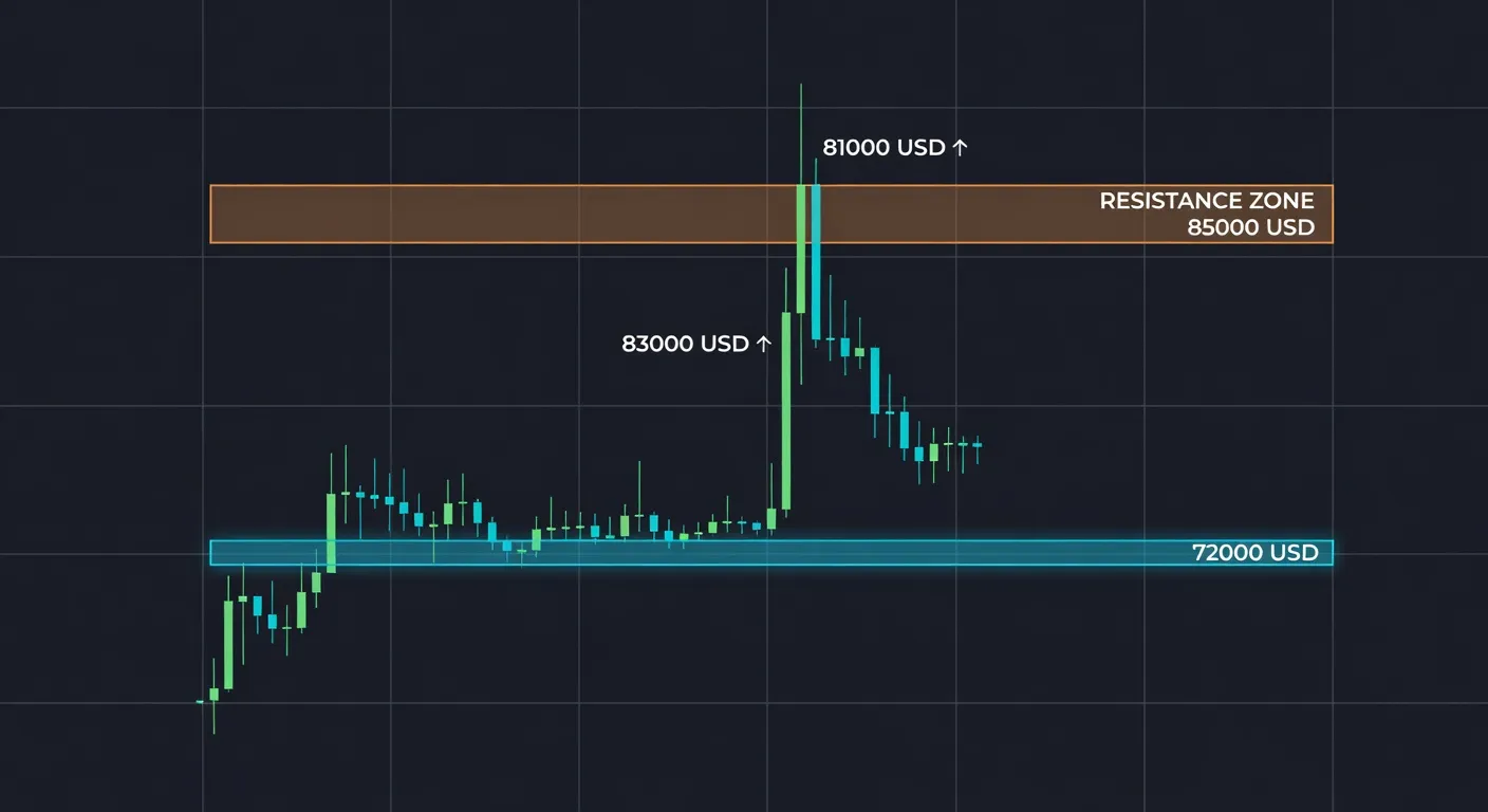 Wykres ceny Bitcoina pokazujący konsolidację powyżej 72 000 USD, krótkie odbicie do 81 000 USD oraz strefę oporu między 83 000 a 85 000 USD