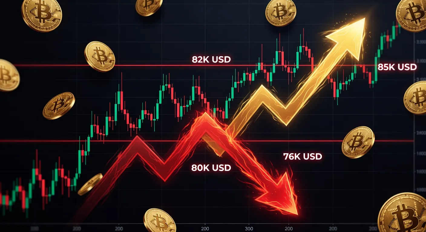 Wykres ceny Bitcoina z zaznaczonymi strefami likwidacji na poziomie 80 000 USD i 82 000 USD oraz kandelabrami