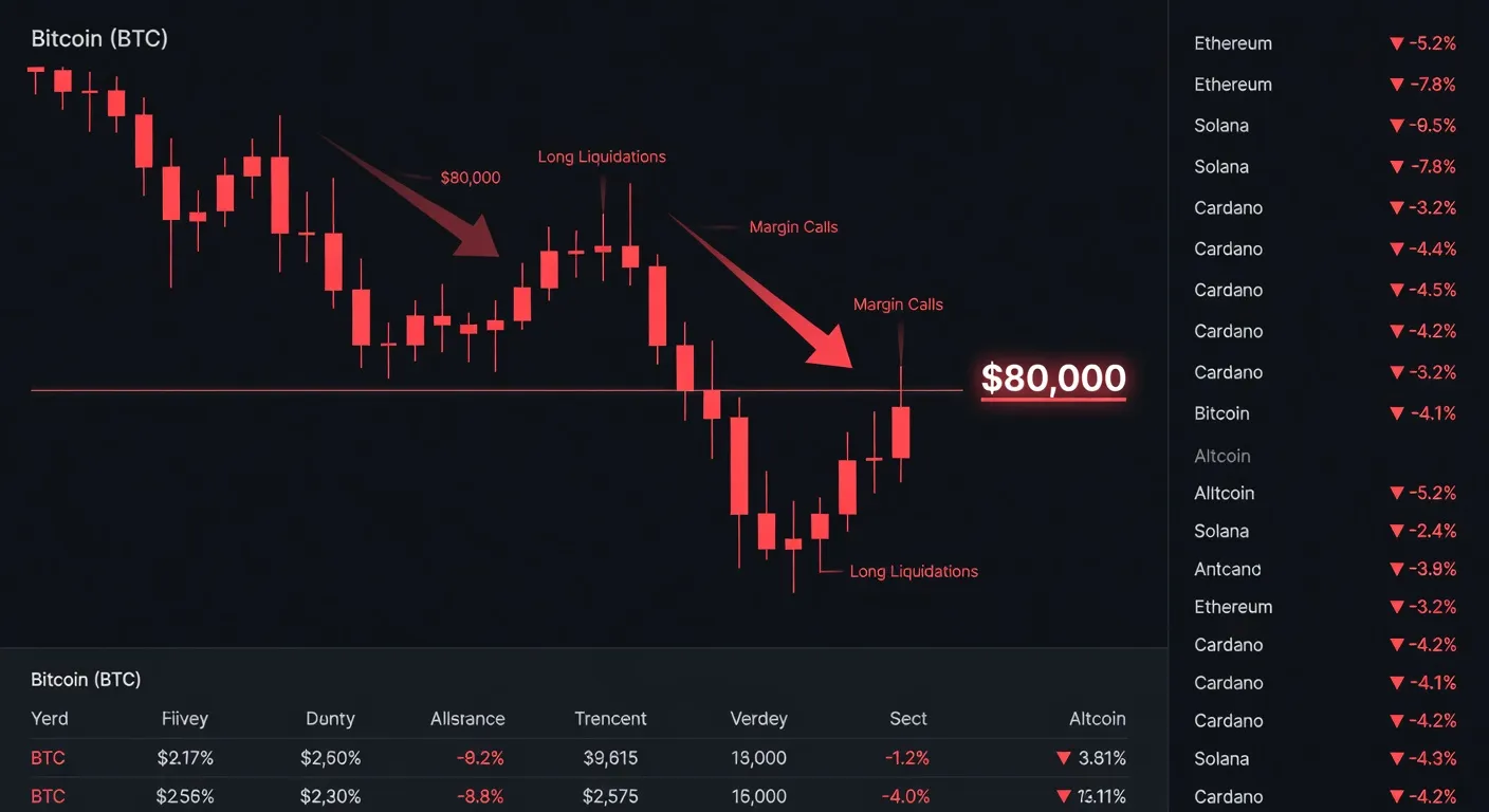 Wykres ceny Bitcoina z czerwonymi świecami poniżej 80 000 USD oraz likwidacjami lewarowanych pozycji na ciemnym interfejsie tradingowym