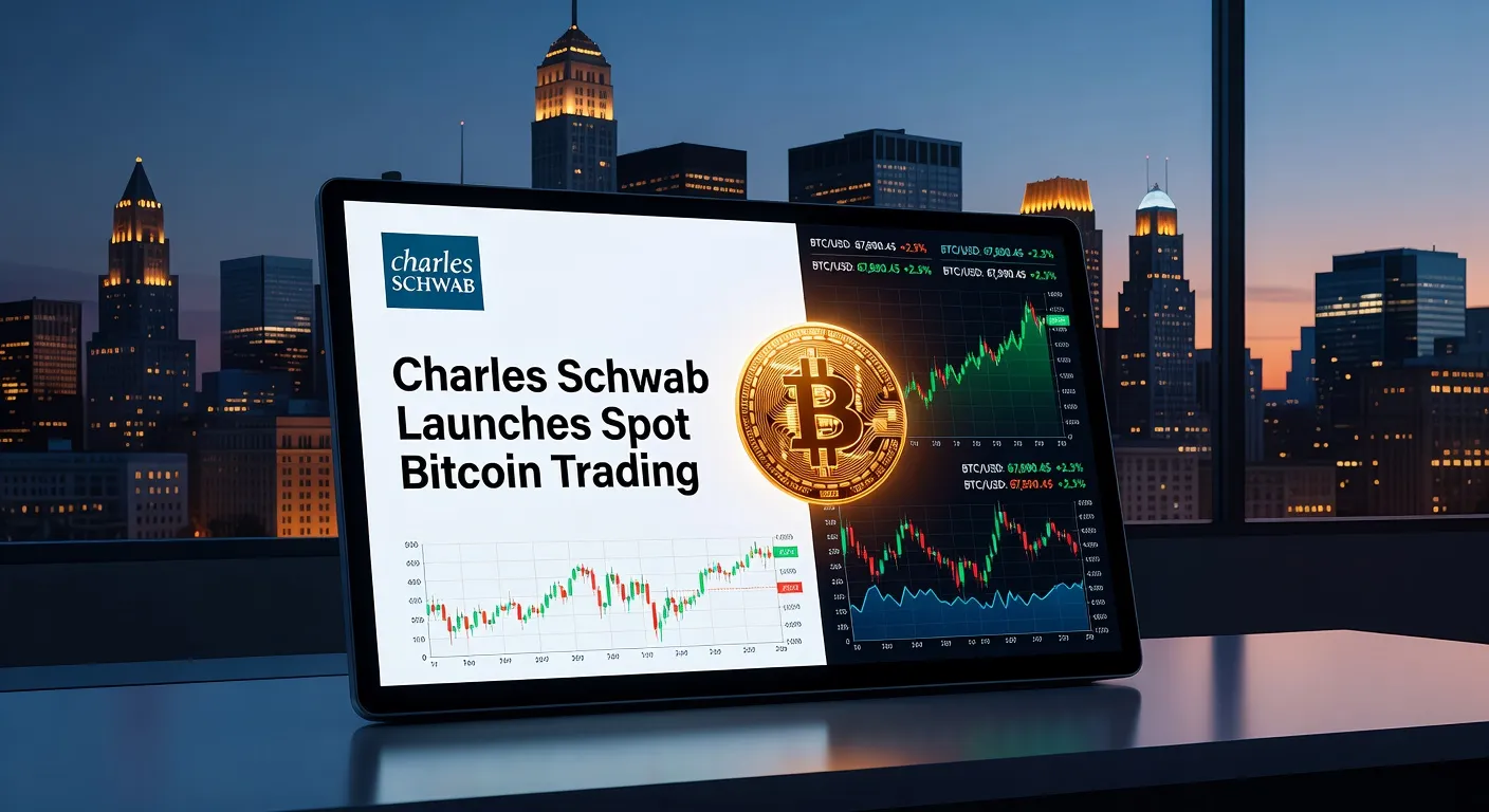 Ilustracja platformy handlowej Charles Schwab z logo Bitcoina i sylwetką Wall Street