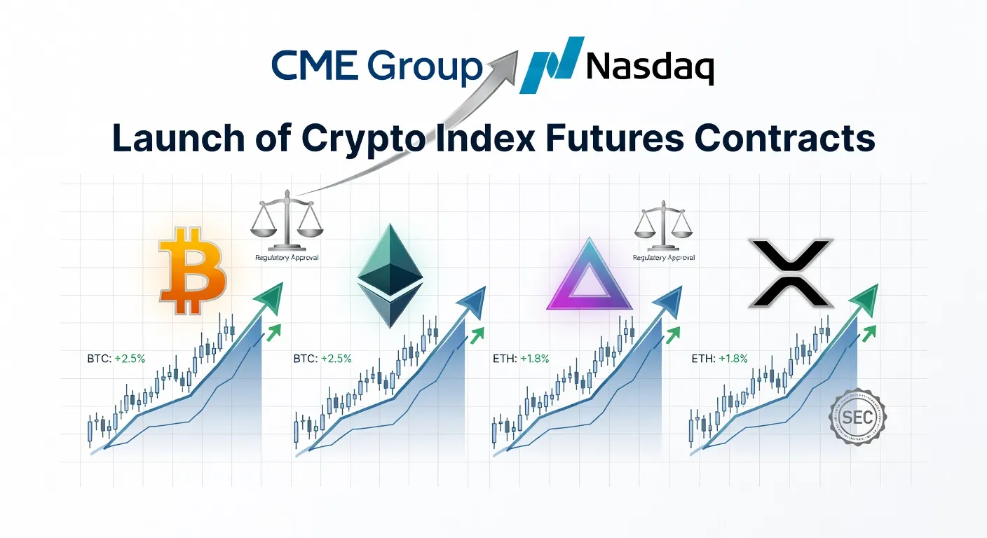 Ilustracja giełd CME i Nasdaq z symbolami Bitcoin, Ethereum, Solana i XRP oraz wykresami kontraktów futures