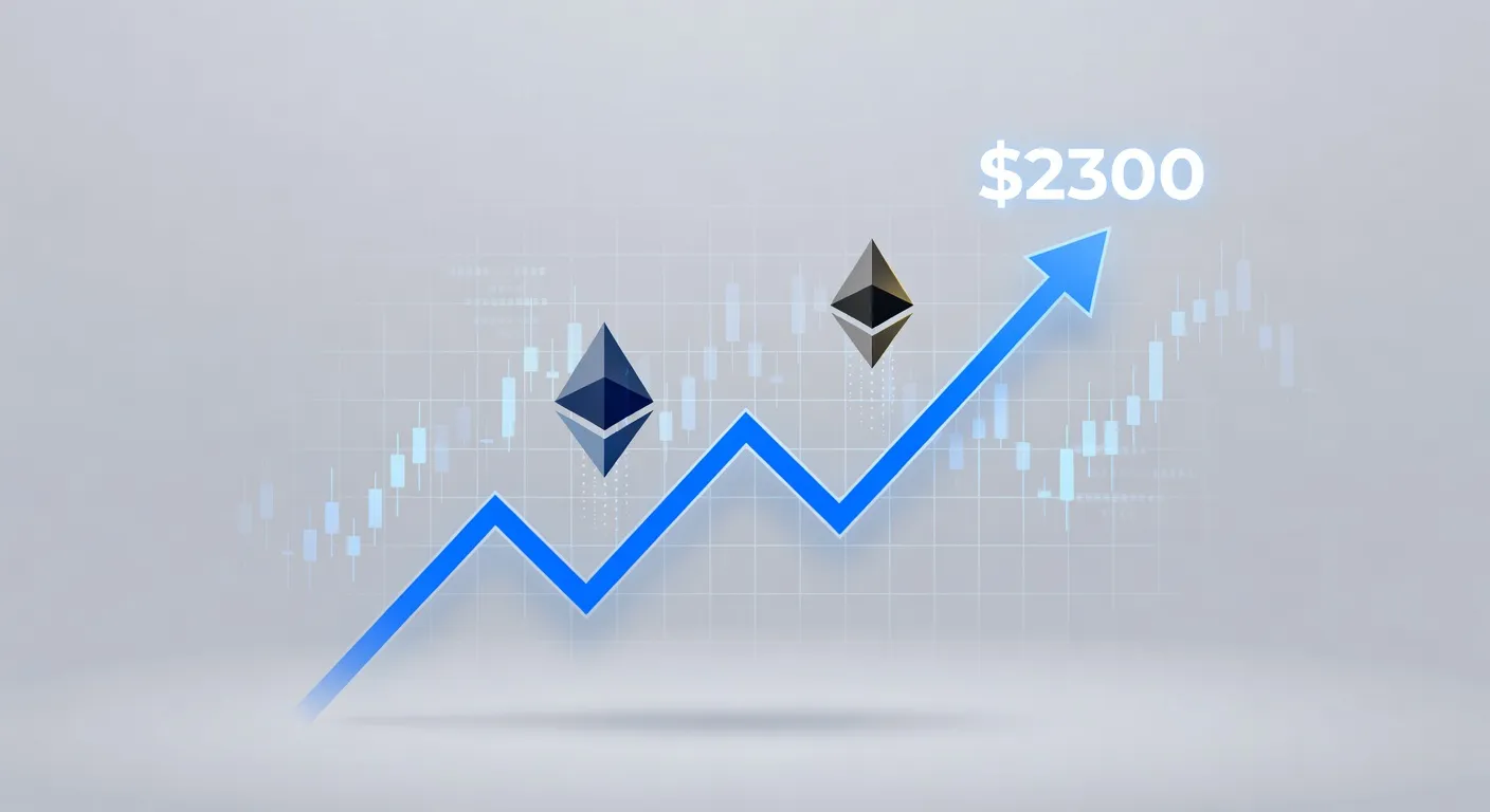 Wykres ceny Ethereum z poziomem 2300 USD oraz symbolami funduszy tokenizowanych JPMorgan i BlackRock
