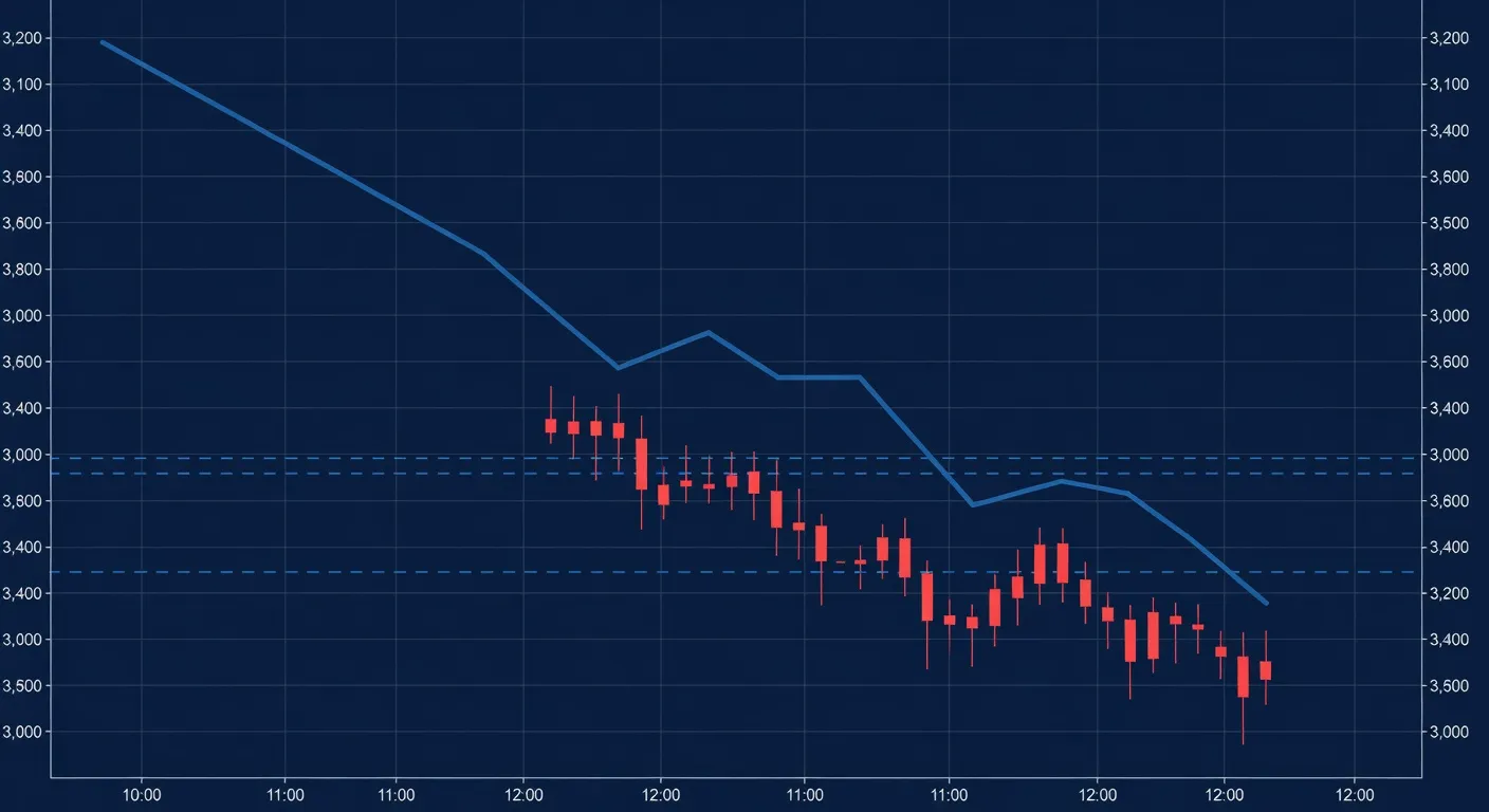 Wykres ceny Ethereum na interwale godzinowym z linią trendu spadkowego i zaznaczonymi poziomami wsparcia oraz oporu