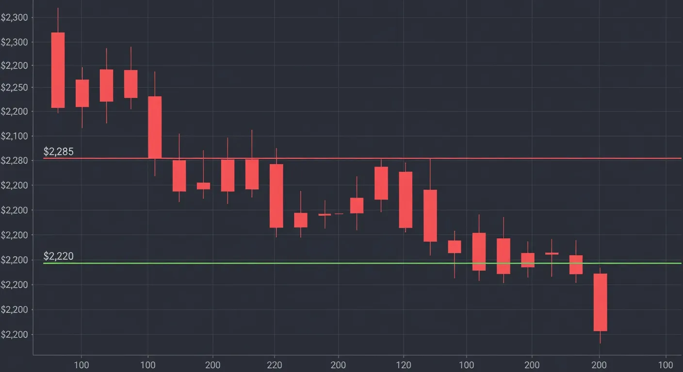 Wykres ceny Ethereum w trendzie spadkowym z zaznaczonymi poziomami wsparcia i oporu na interwale godzinowym