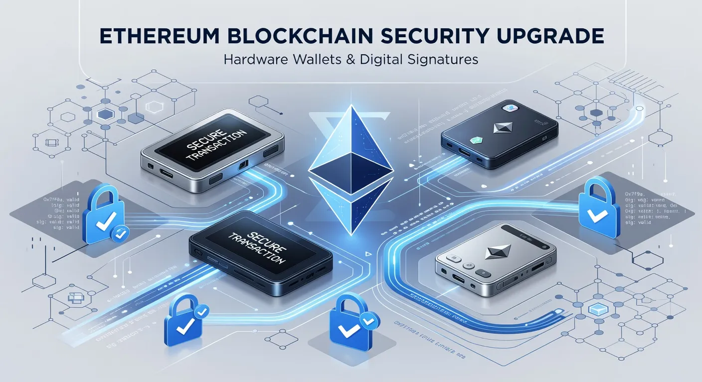 Ilustracja przedstawiająca aktualizację bezpieczeństwa Ethereum z wieloma portfelami sprzętowymi i ikonami podpisów cyfrowych