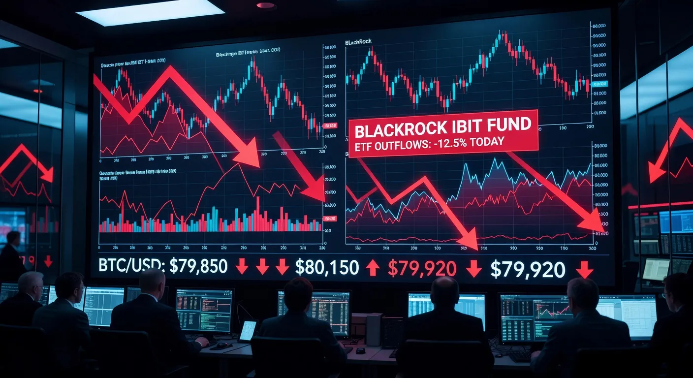 Ilustracja przedstawiająca odpływy z funduszy ETF na Bitcoina z czerwonymi strzałkami na wykresach finansowych w tonacji granatowo-czerwonej