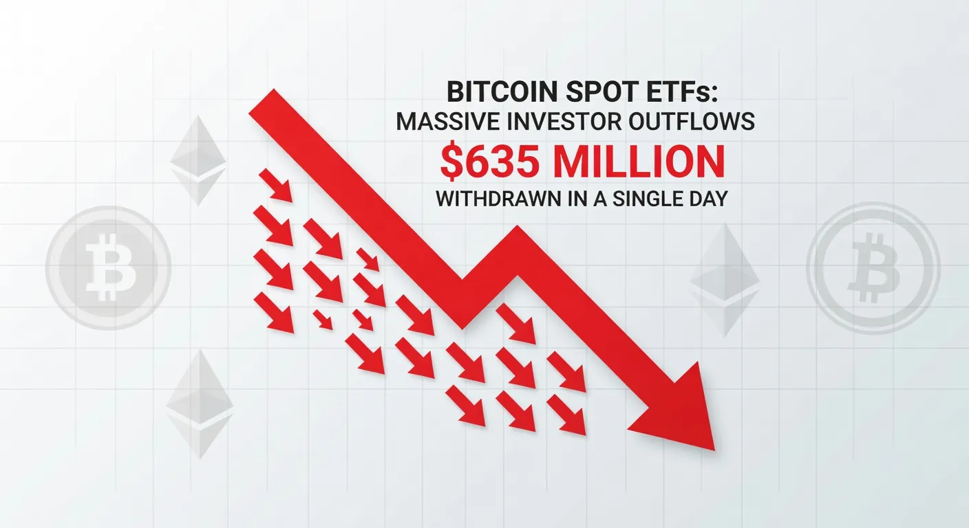 Ilustracja finansowa pokazująca odpływy z ETF-ów na bitcoina z czerwonymi strzałkami w dół