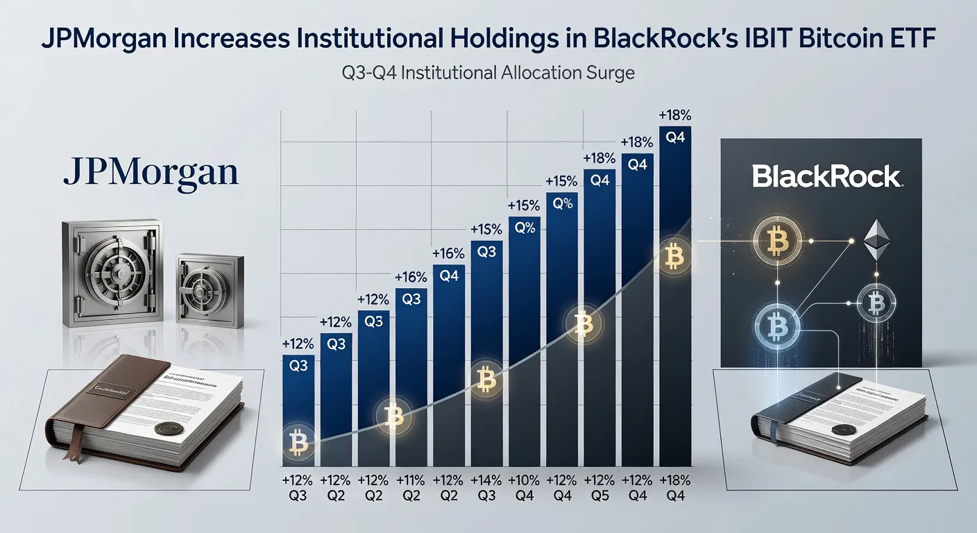Ilustracja analityczna wzrostu udziałów JPMorgan w ETF-ie Bitcoin BlackRock z wykresami słupkowymi