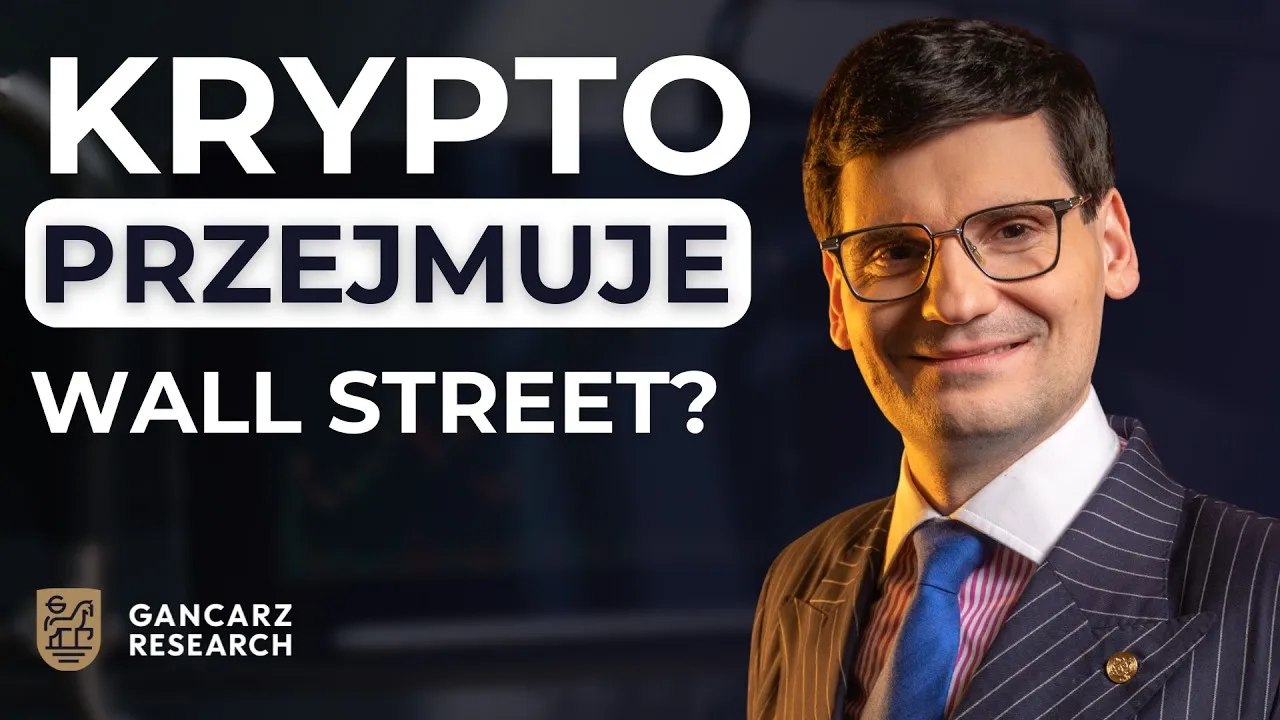 Ilustracja przedstawiająca banki Wall Street i logo Bitcoina w nowoczesnym stylu korporacyjnym