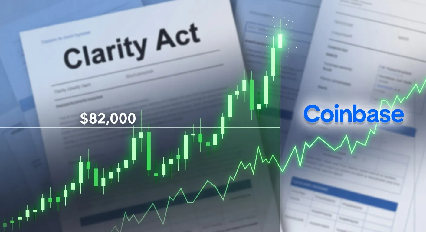 Wykres ceny Bitcoina z zielonymi świecami powyżej 82 000 USD, logo Coinbase na tickerze i dokumenty ustawy Clarity Act w tle