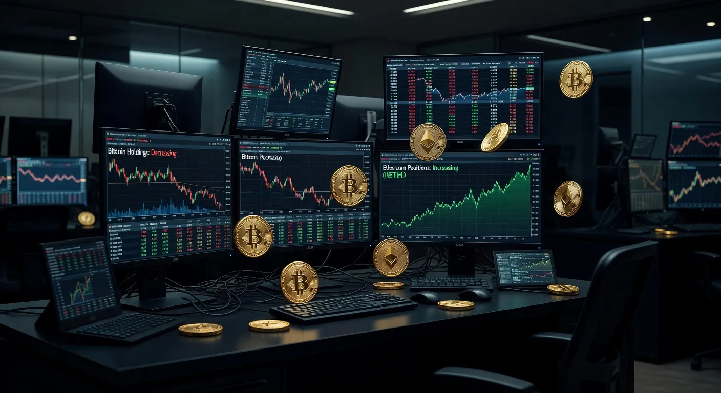 Ilustracja biurka tradingowego na Wall Street z wykresami pokazującymi spadek holdingów Bitcoin i wzrost pozycji Ethereum