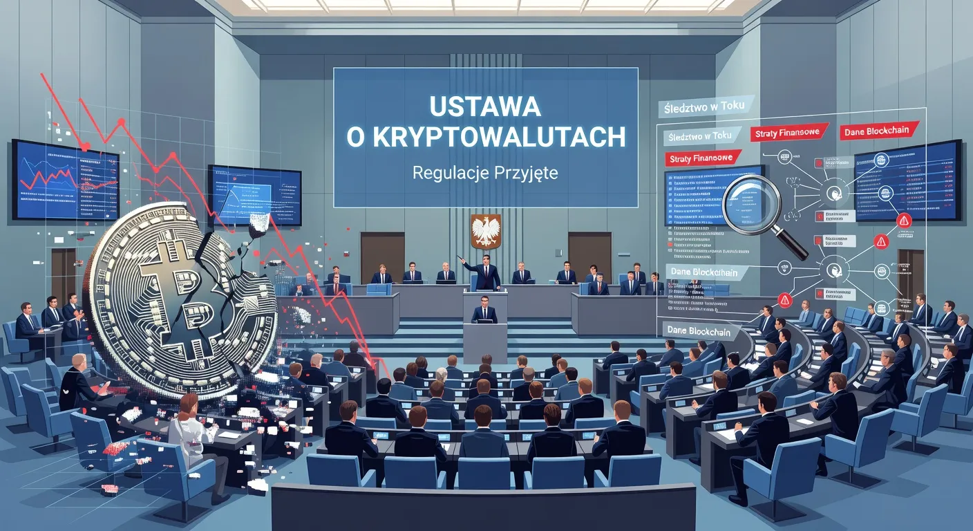 Ilustracja polskiego parlamentu uchwalającego regulacje kryptowalut obok symbolu upadłej giełdy Zondacrypto i śledztwa prokuratorskiego