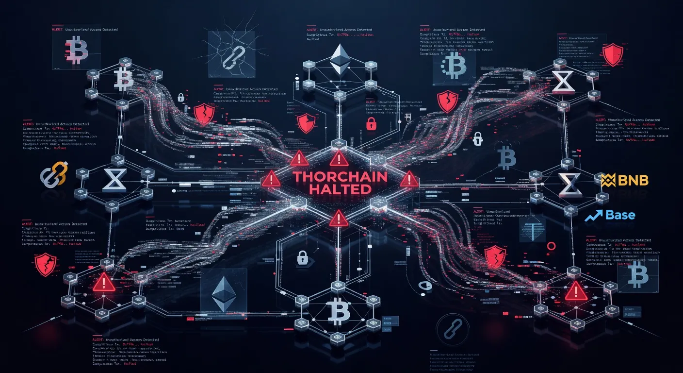 Ilustracja sieci THORChain z zatrzymanym handlem, czerwonymi wskaźnikami ostrzegawczymi i podejrzanymi przepływami transakcji między Bitcoinem, Ethereum, BNB Chain oraz Base