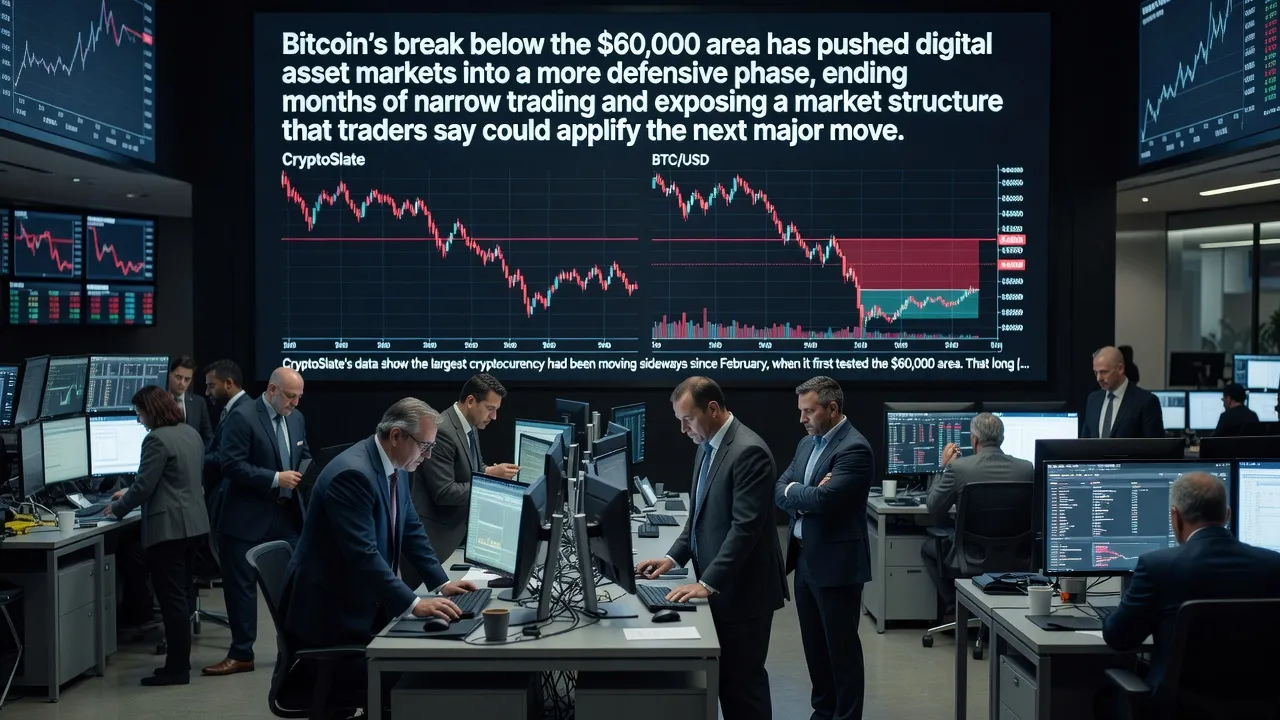 Wykres ceny Bitcoina z przełamaniem wsparcia na poziomie 60 000 USD w profesjonalnym stylu finansowym