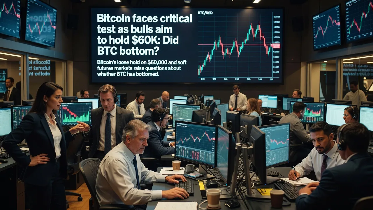 Wykres ceny Bitcoina testujący poziom wsparcia 60 000 USD z niepewnymi wskaźnikami rynku futures