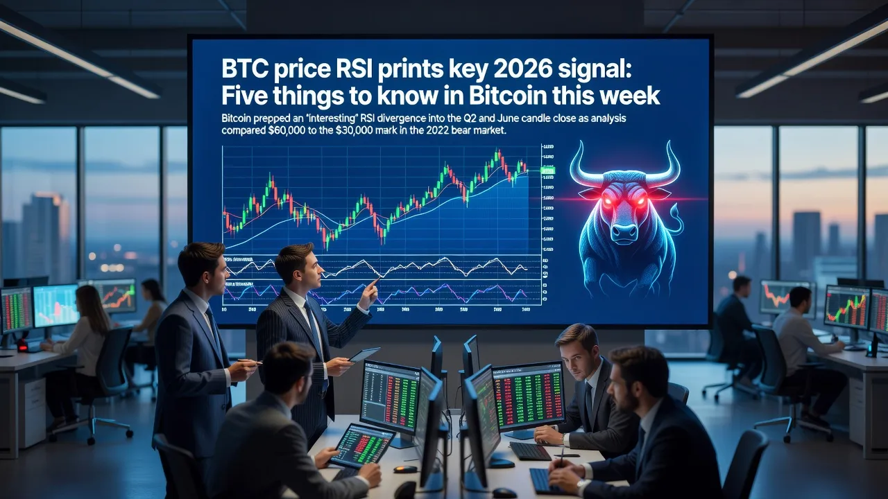Profesjonalna ilustracja wykresu świecowego Bitcoina z dywergencją RSI oraz zaznaczonymi poziomami 60 000 USD i 30 000 USD