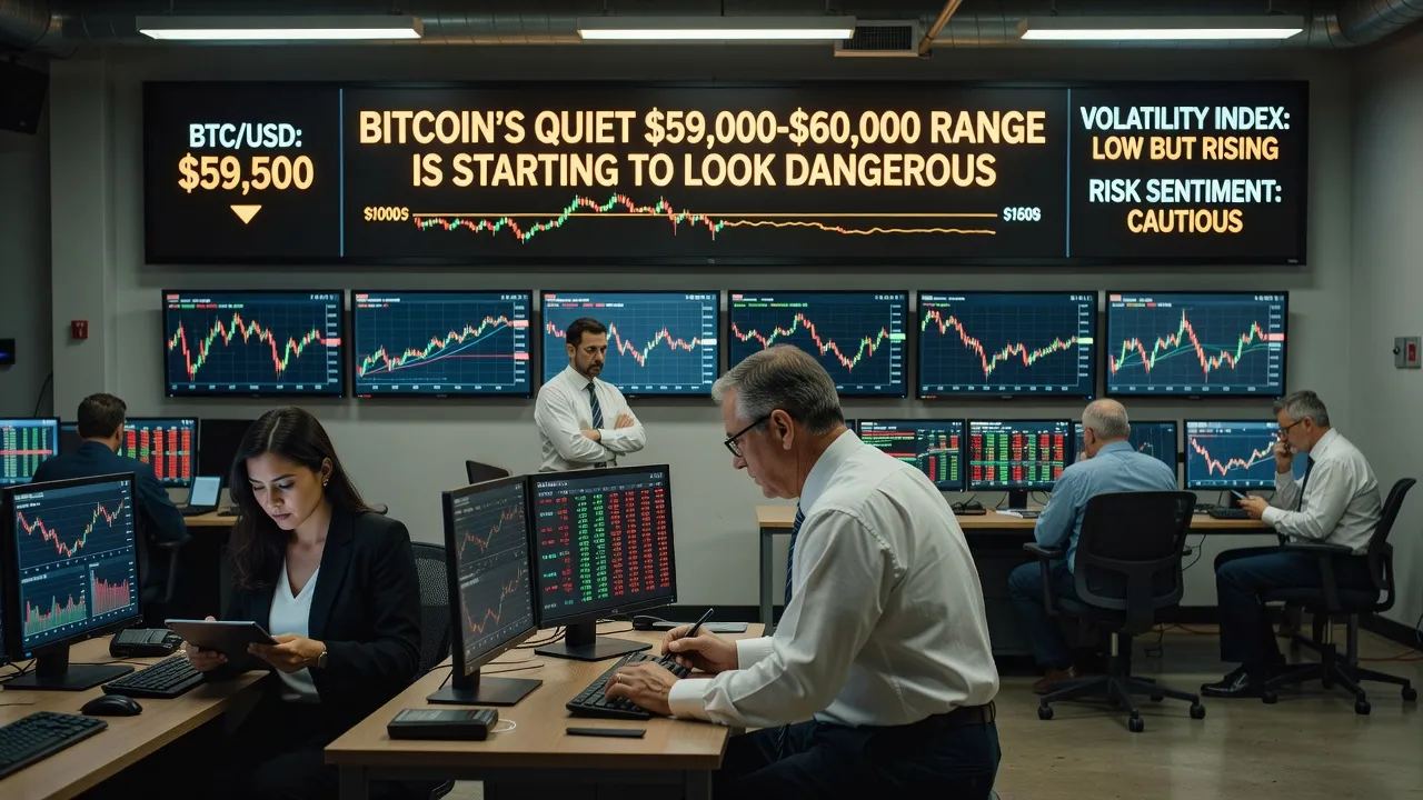 Wykres ceny Bitcoina konsolidujący się w zakresie 59 000–60 000 USD z subtelnymi wskaźnikami ostrzegawczymi