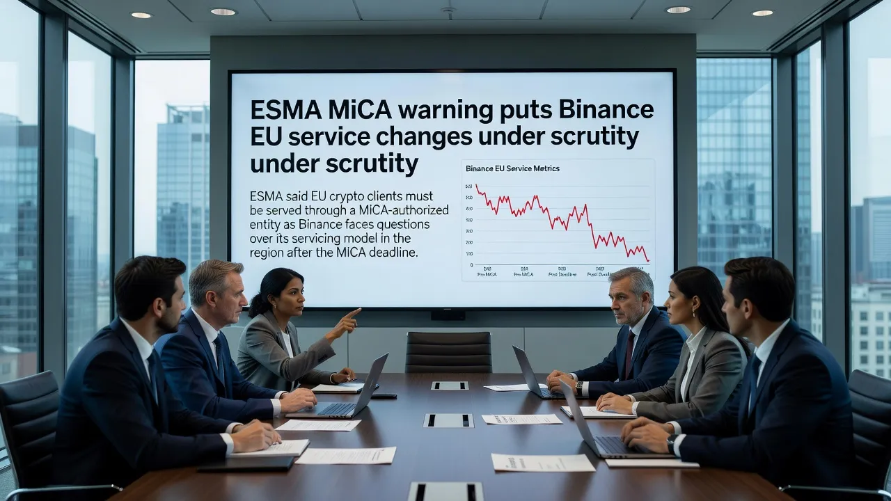 Ilustracja przedstawiająca dokumenty regulacyjne UE oraz symbole kryptowalut pod nadzorem ESMA i Binance