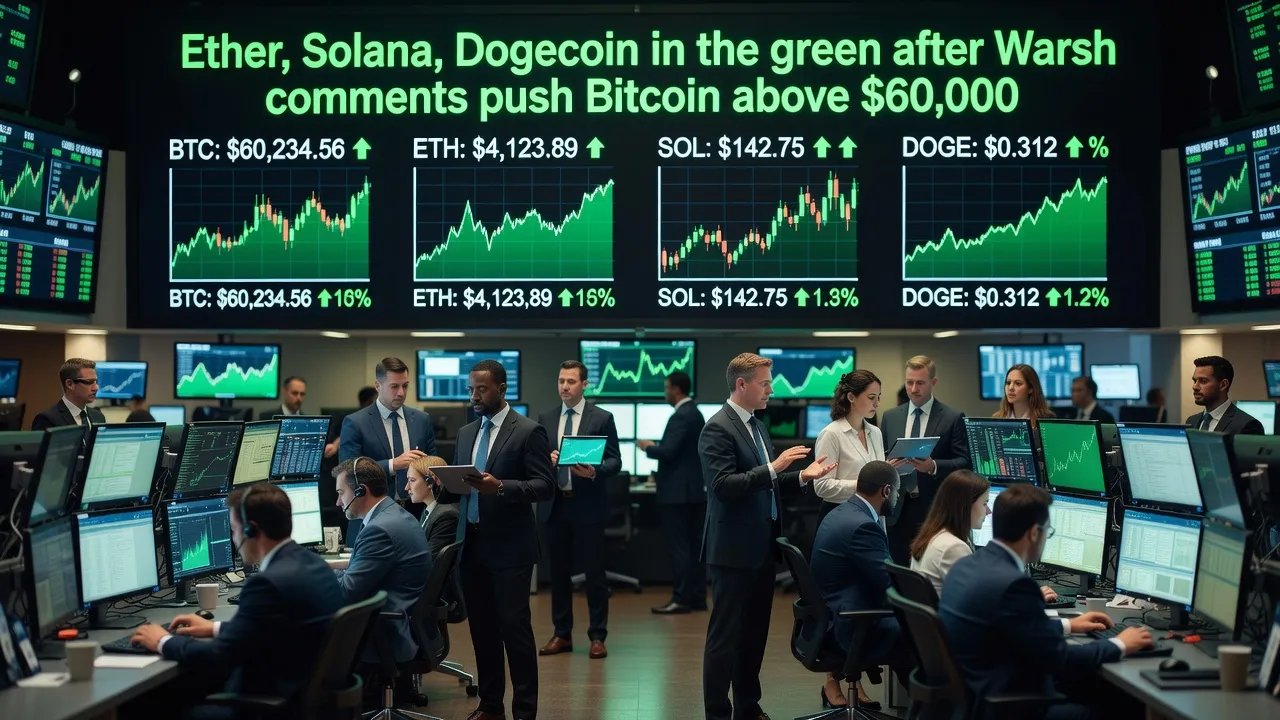 Wykres ceny Bitcoina przekraczającego 60 000 USD z zaznaczonymi tokenami Ethereum, Solana i Dogecoin