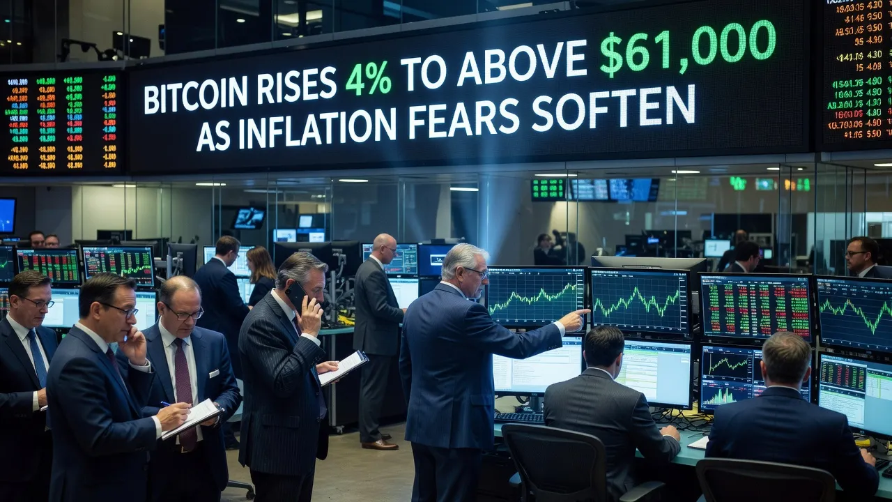 Wykres ceny Bitcoina z zielonymi strzałkami wzrostu powyżej poziomu 61 000 USD