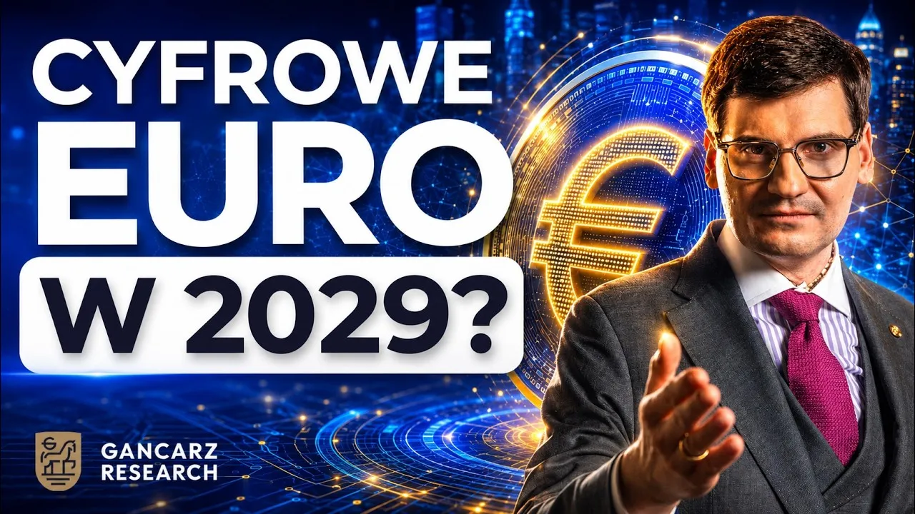 Siedziba Europejskiego Banku Centralnego z symbolami cyfrowego euro i blockchain