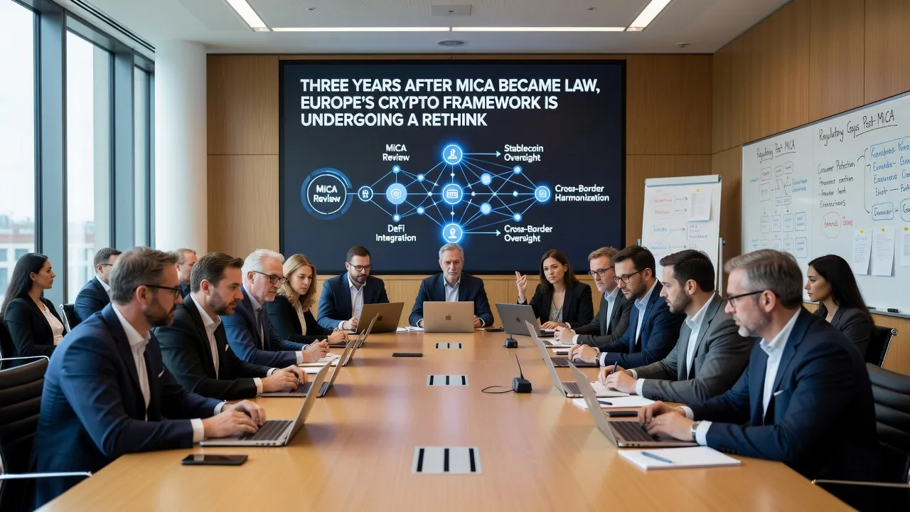 Ilustracja budynku instytucji UE w Brukseli z dokumentami MiCA i symbolami kryptowalut na biurku